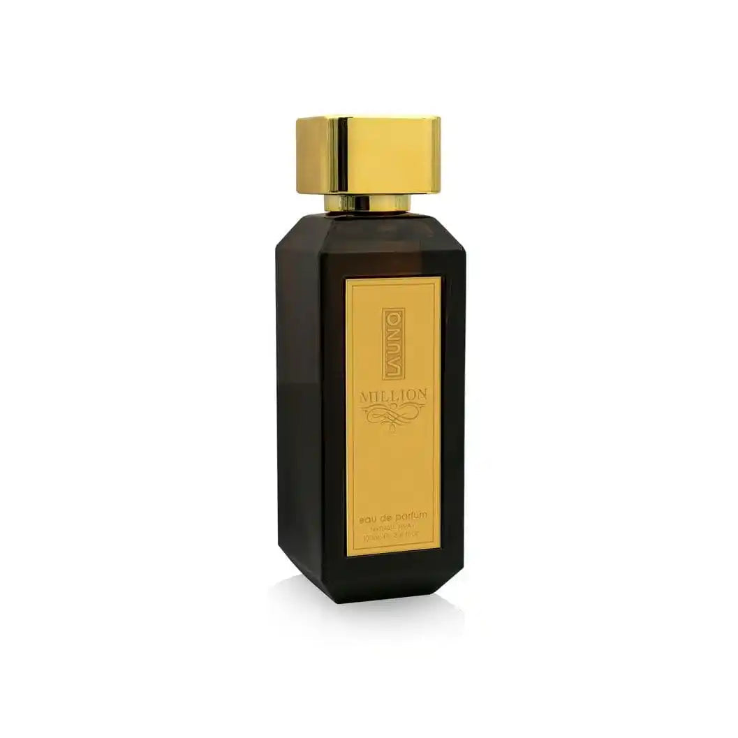 Fragrance World La Uno Million Eau de Parfum 100ml bottle for men and women with gold accents and sleek design.