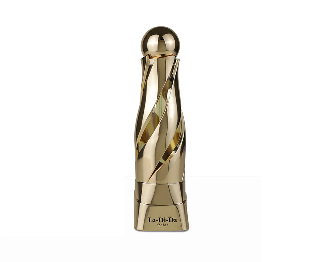 Arabiyat Prestige La Di Da Eau De Parfum 100ml for women, elegant glass bottle with gold accents, showcasing luxurious fragrance.