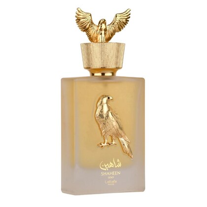 Lattafa Pride Shaheen Gold Eau de Parfum 100ml for men and women, elegant gold bottle with luxurious fragrance.
