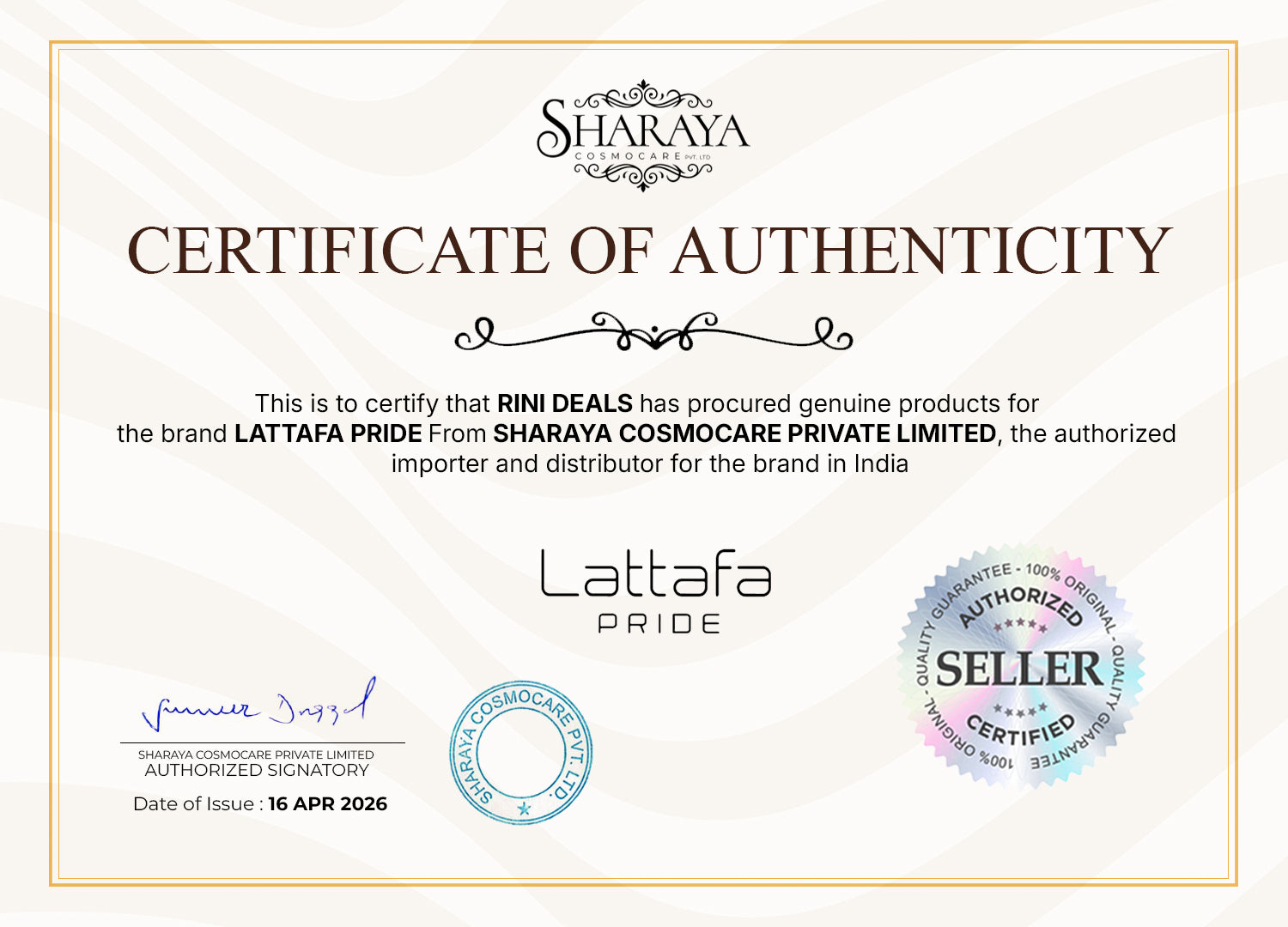 Lattafa Pride Certificate