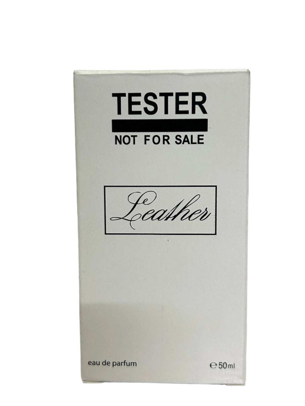 Tester pack of 50ml Ahmed Al Maghribi Leather Eau de Parfum for men and women, featuring a sleek leather bottle design.