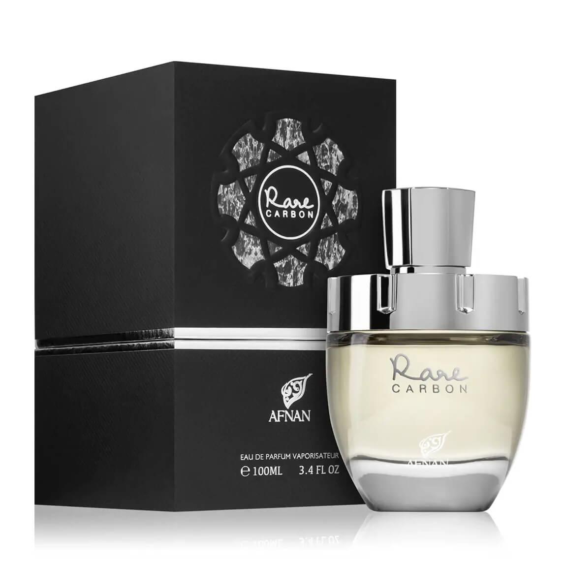 Afnan Rare Carbon Eau De Parfum 100ml for men, sleek black bottle with minimalist design and silver accents on a white background.