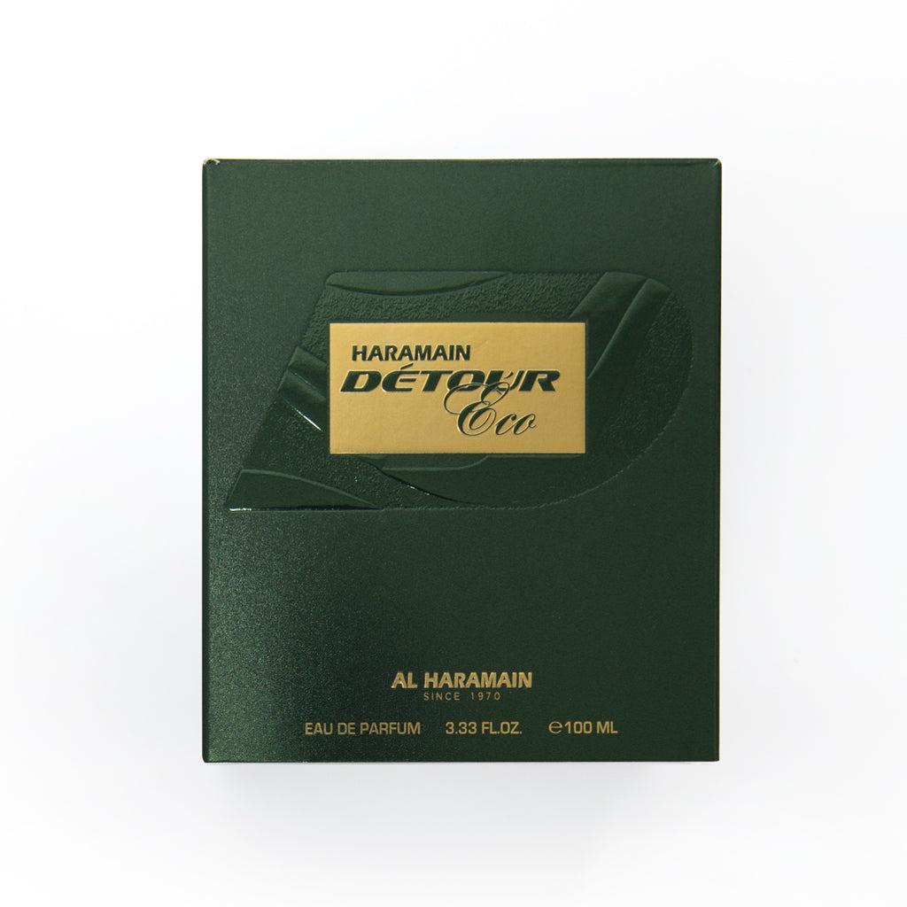 Al Haramain Detour Eco Eau de Parfum 100ml bottle for men and women with a sleek, modern design and clear fragrance branding.