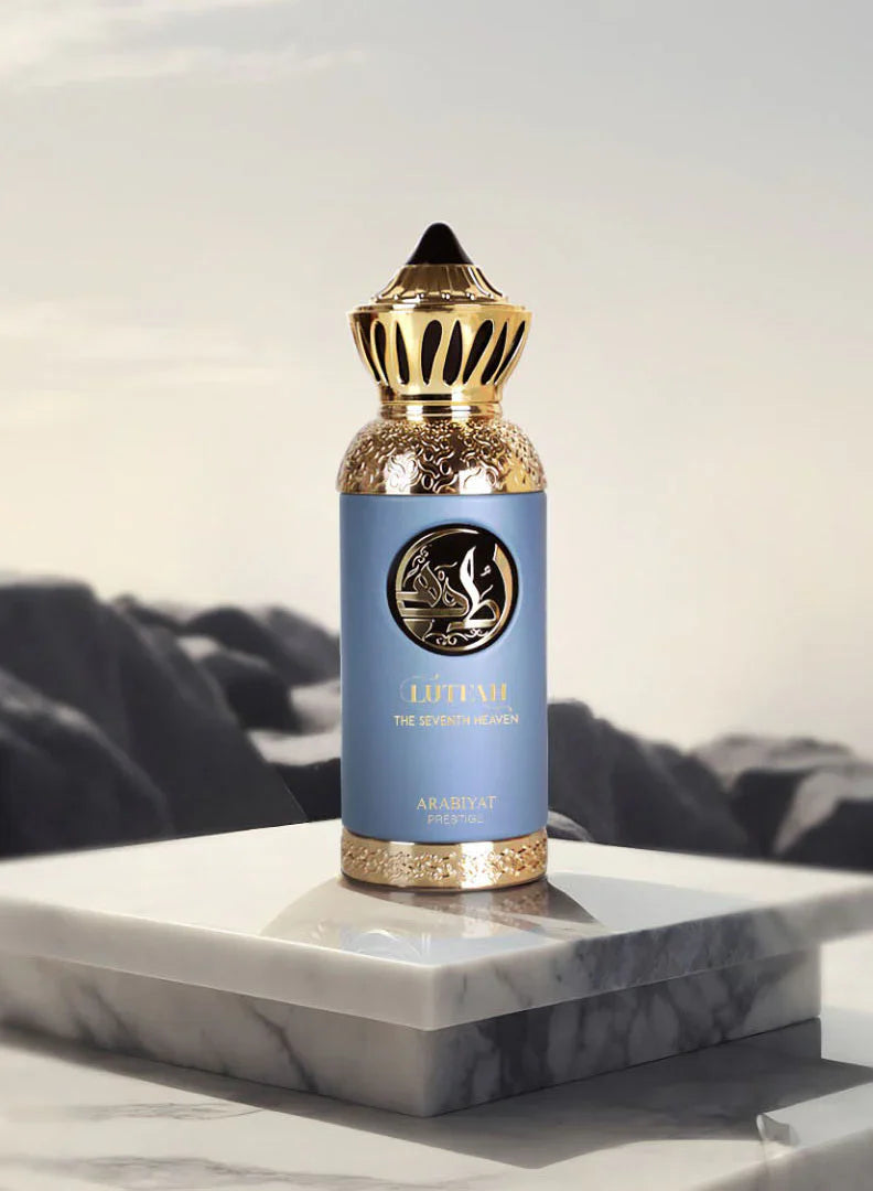 Arabiyat Prestige Lutfah The Seventh Heaven Eau de Parfum 80ml for men and women, elegant glass bottle with a sophisticated design.