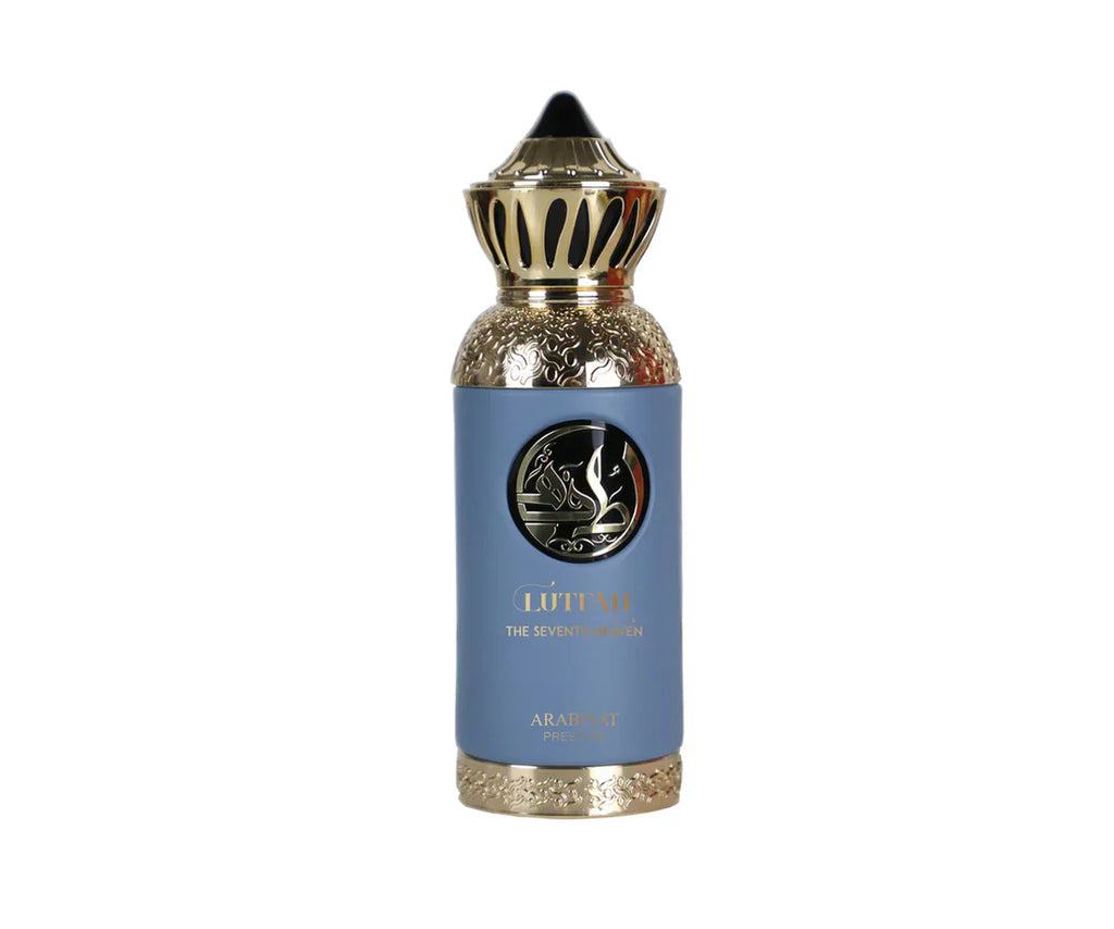 Arabiyat Prestige Lutfah The Seventh Heaven Eau De Parfum bottle by Rini Deals, 80ml, elegant glass container with golden accents.