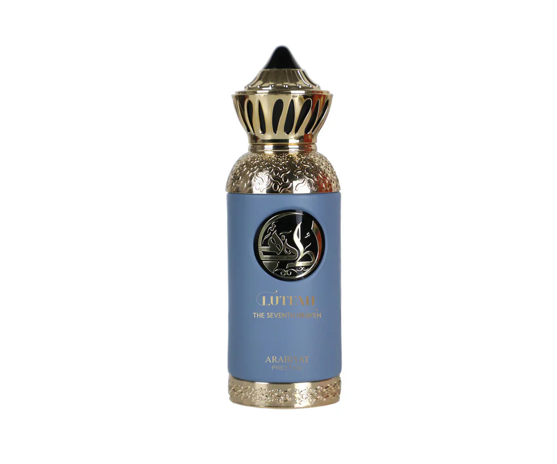 Arabiyat Prestige Lutfah The Seventh Heaven Eau De Parfum bottle by Rini Deals, 80ml, elegant glass container with golden accents.