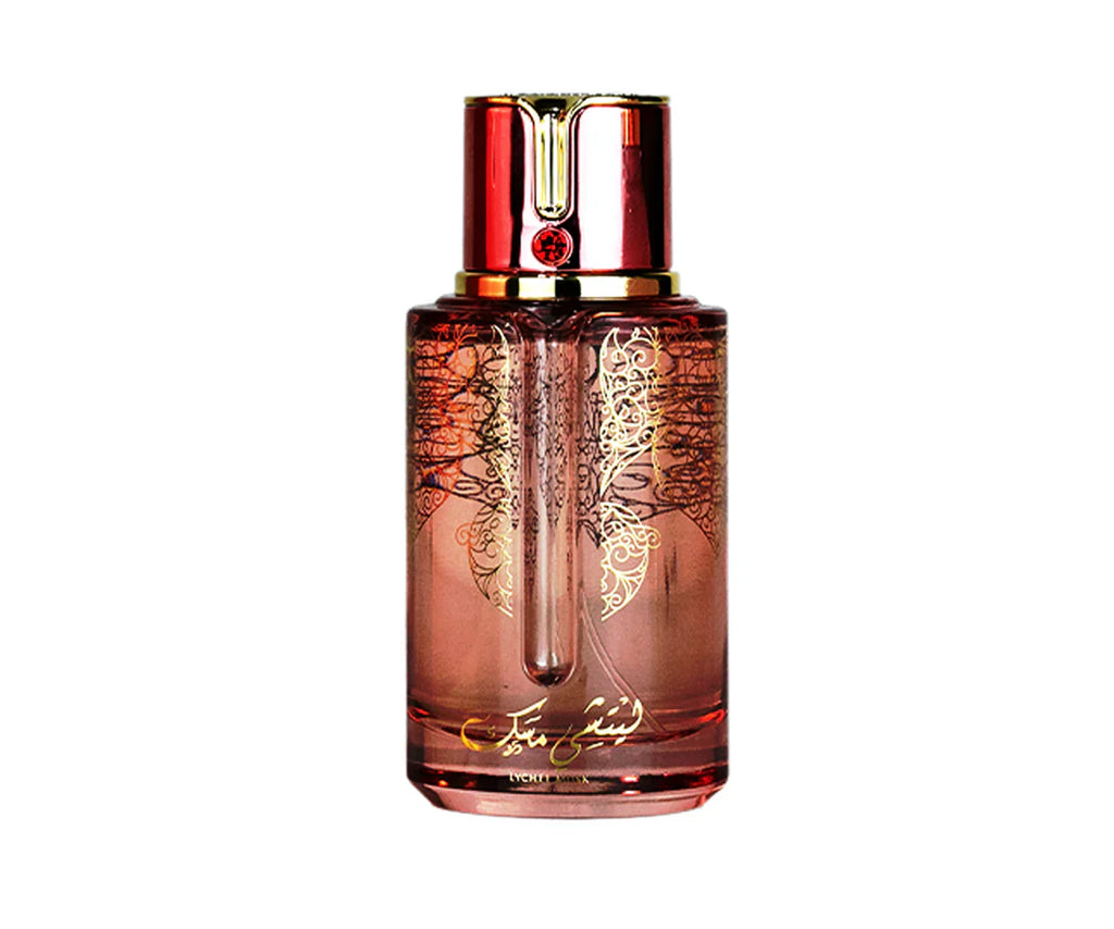 Arabiyat Prestige Lychee Musk Eau De Parfum bottle by Rini Deals, featuring a sleek lychee-shaped design in 100ml.
