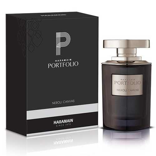 Al Haramain Neroli Canvas 75ml EDP for men and women, featuring a sleek bottle with a Neroli fragrance in a modern design.
