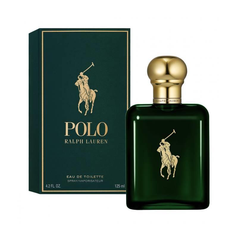 Ralph Lauren Polo Green Eau de Toilette 125ml bottle for men with classic green and gold design, close-up view of the fragrance bottle