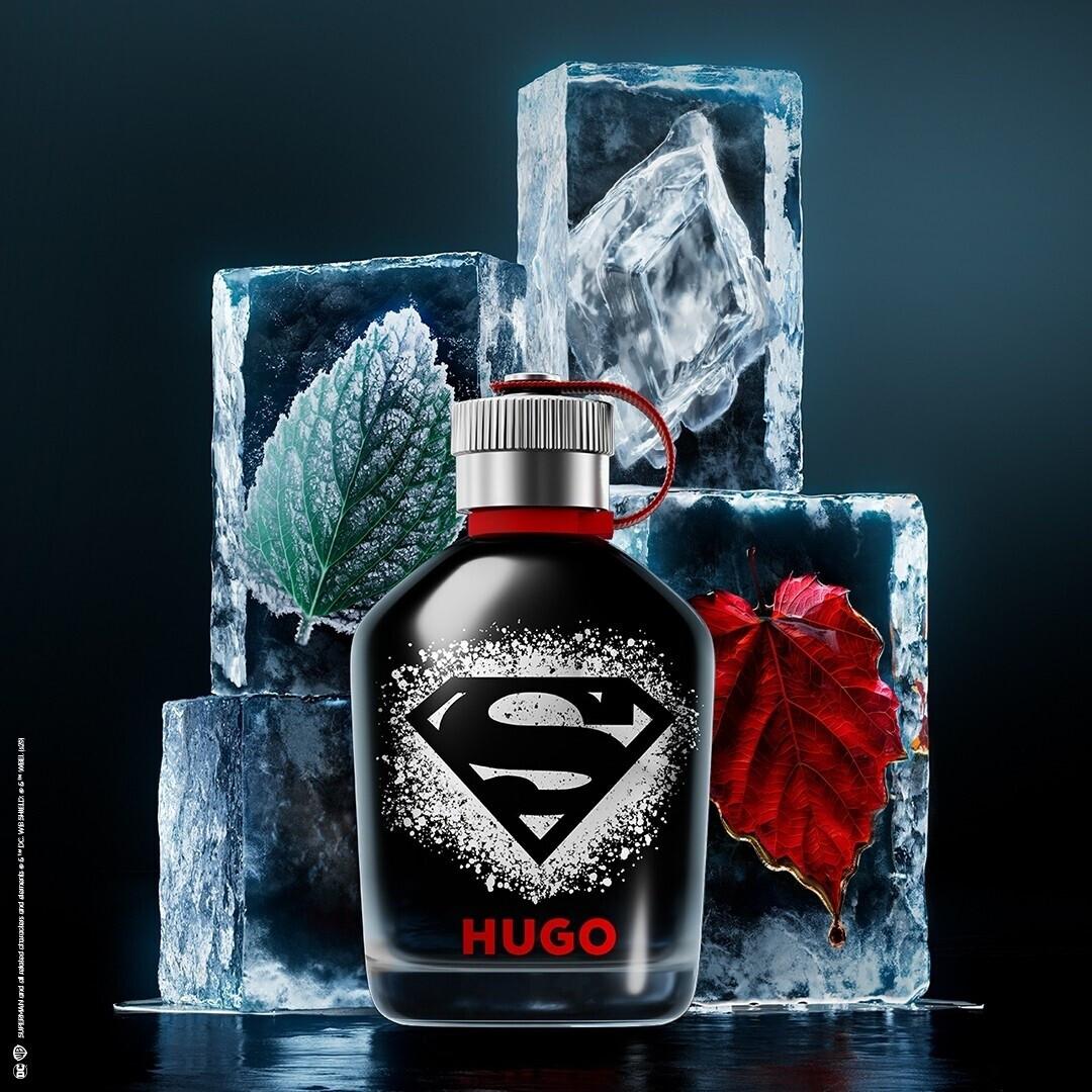 Boss HUGO Superman x HUGO Eau De Parfum 125ml for men, featuring a sleek bottle with Superman themed design and silver cap.