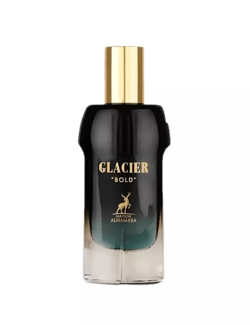 Maison Alhambra Glacier Bold Eau de Parfum 100ml for men and women, featuring a sleek bottle with icy blue accents.