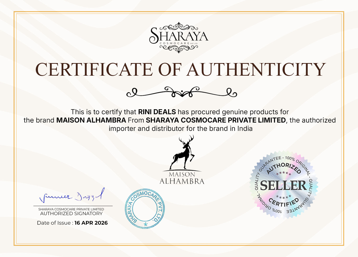 Maison Alhambra Certificate