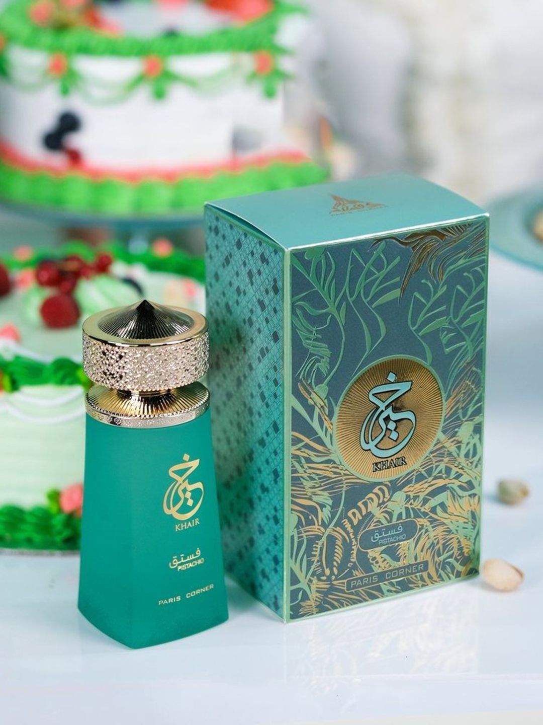 Paris Corner Khair Pistachio Eau De Parfum 100ml for men and women, featuring a sleek bottle with pistachio green accents.