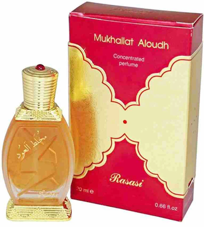 Rasasi Mukhallat Al Oudh floral attar for men and women in a 20ml bottle, featuring a luxurious unisex fragrance.