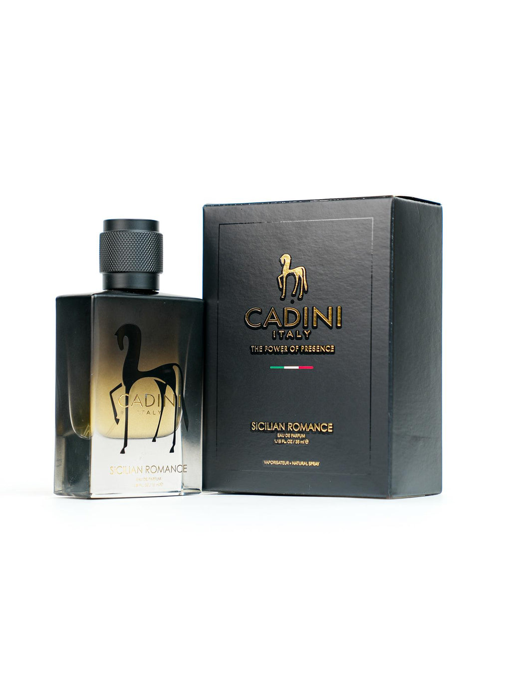 Cadini Italy Sicilian Romance Eau De Parfum 100ml for men, elegant glass bottle with a sleek design and floral accents.