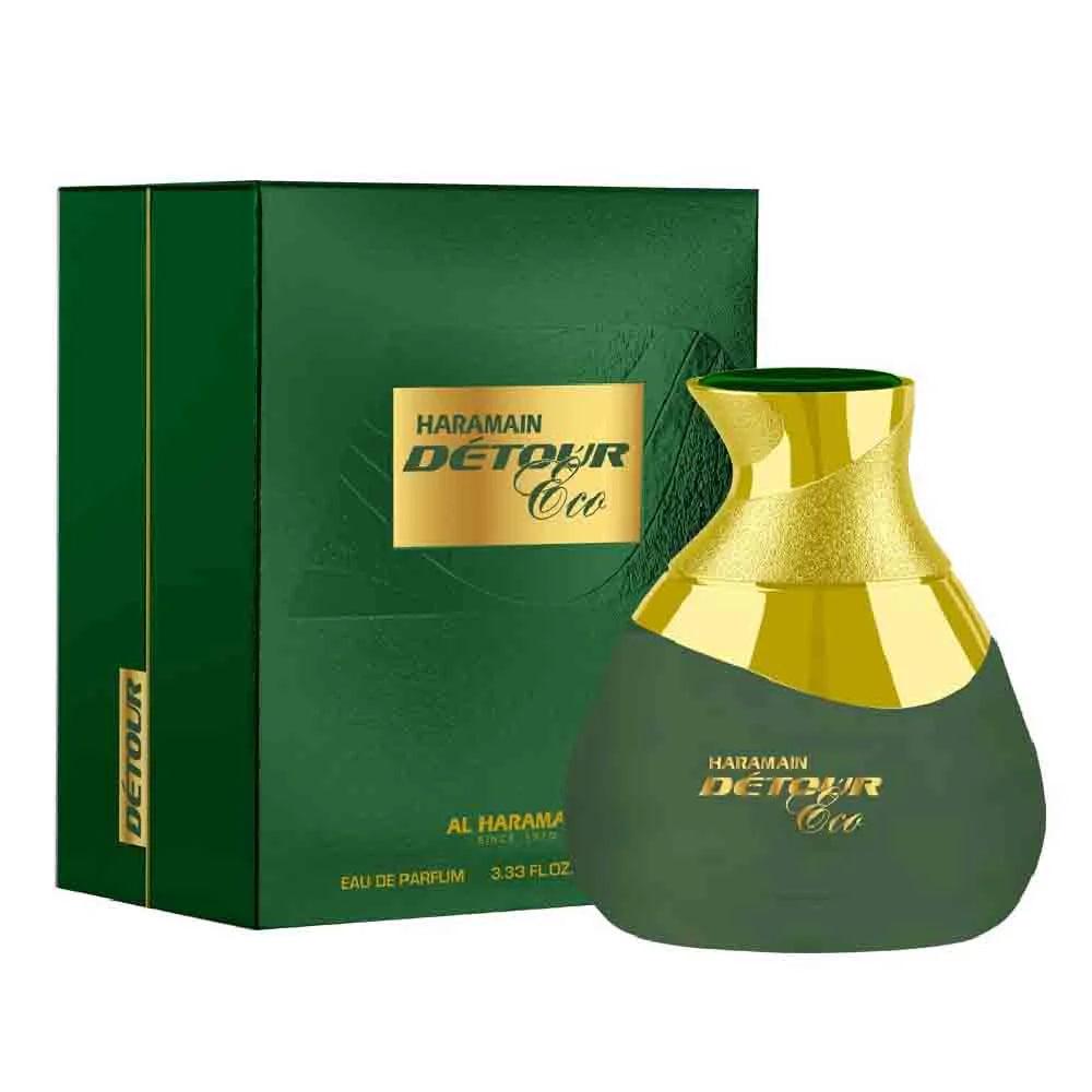 Al Haramain Detour Eco Eau de Parfum 100ml for men and women, showcasing the perfume bottle with a sleek design.