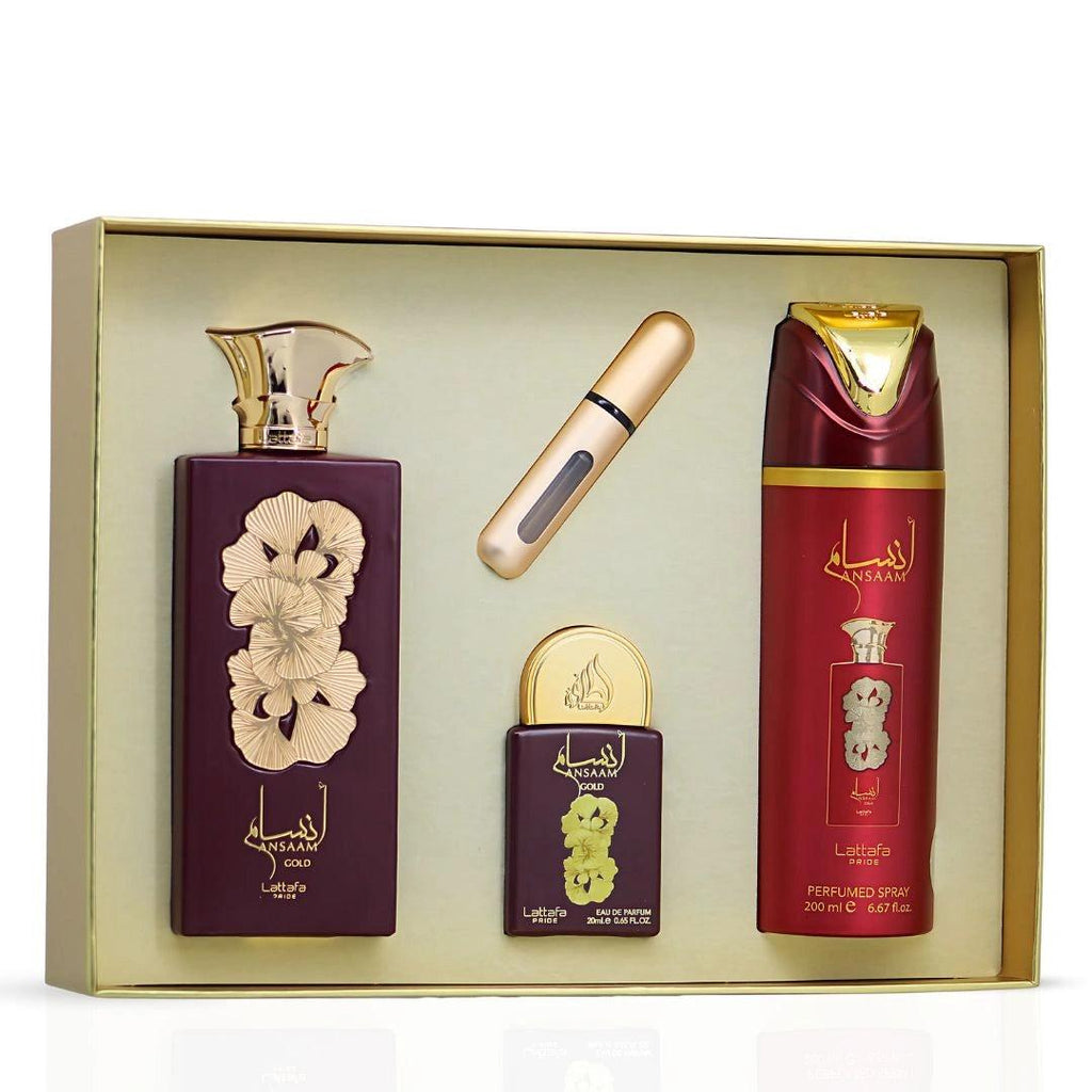 Gift Set Lattafa Pride Ansaam Gold 320ml (100ml EDP + 20ml EDP + 200ml Deo) – Unisex