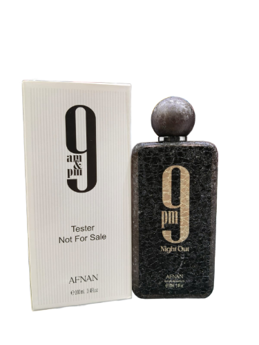Afnan 9PM Eau De Parfum 100ml tester bottle for men, featuring sleek packaging designed for a night-out fragrance.