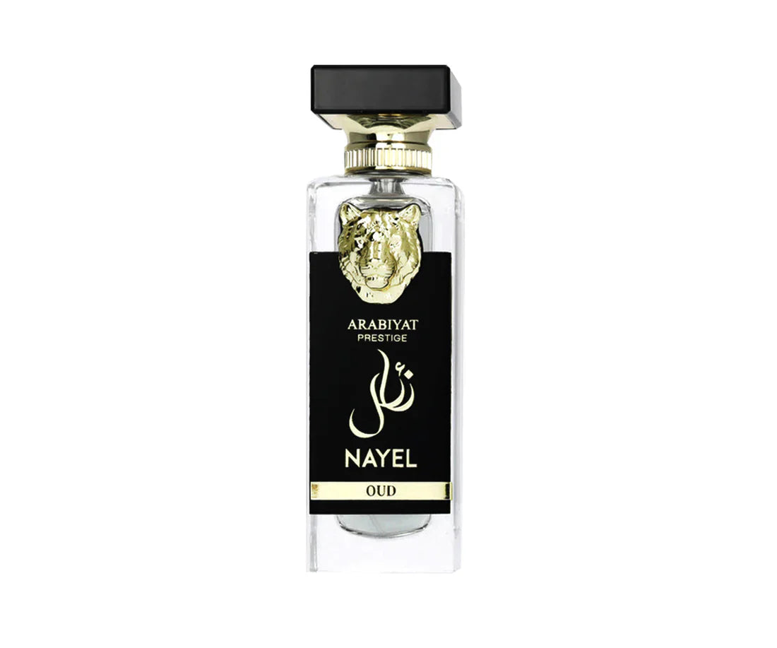 Arabiyat Prestige Nayel Oud Eau De Parfum 70ml for man and woman, featuring a sleek bottle with elegant design and fragrance details