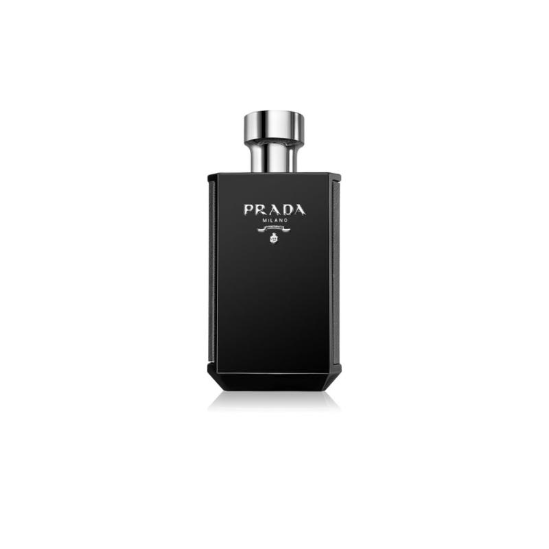 Prada L’Homme Intense Eau De Parfum bottle for men, sleek design with silver cap and minimalist label, on a dark background.