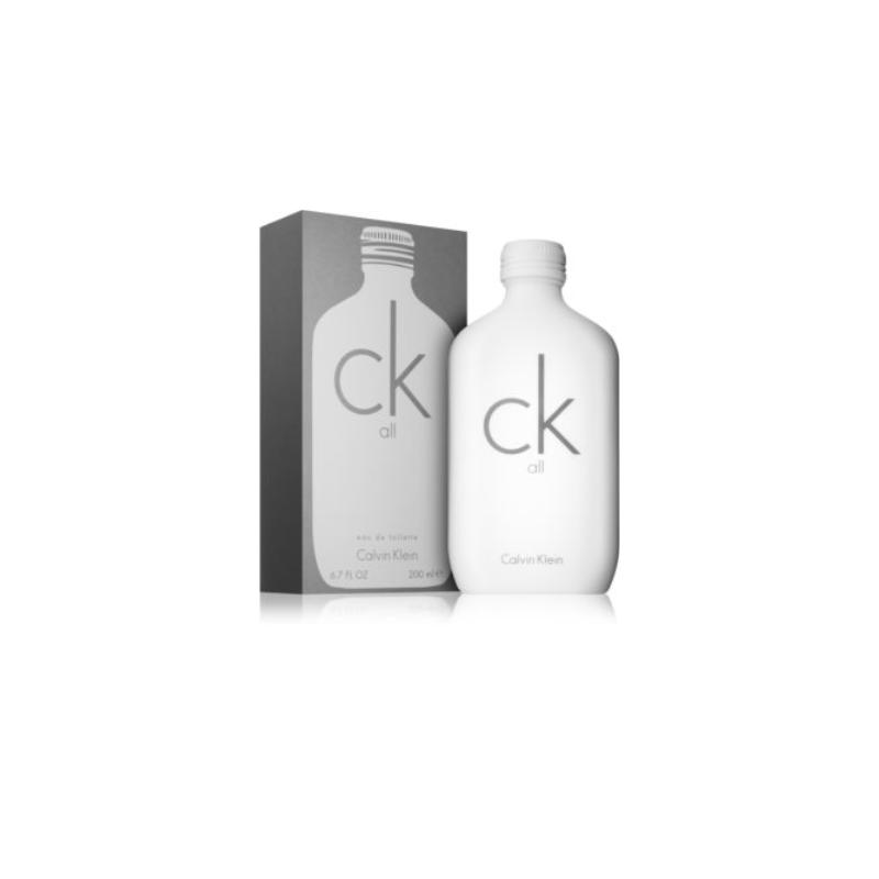 Calvin Klein CK All unisex Eau De Toilette 100ml bottle with clear glass and black cap, displayed upright.