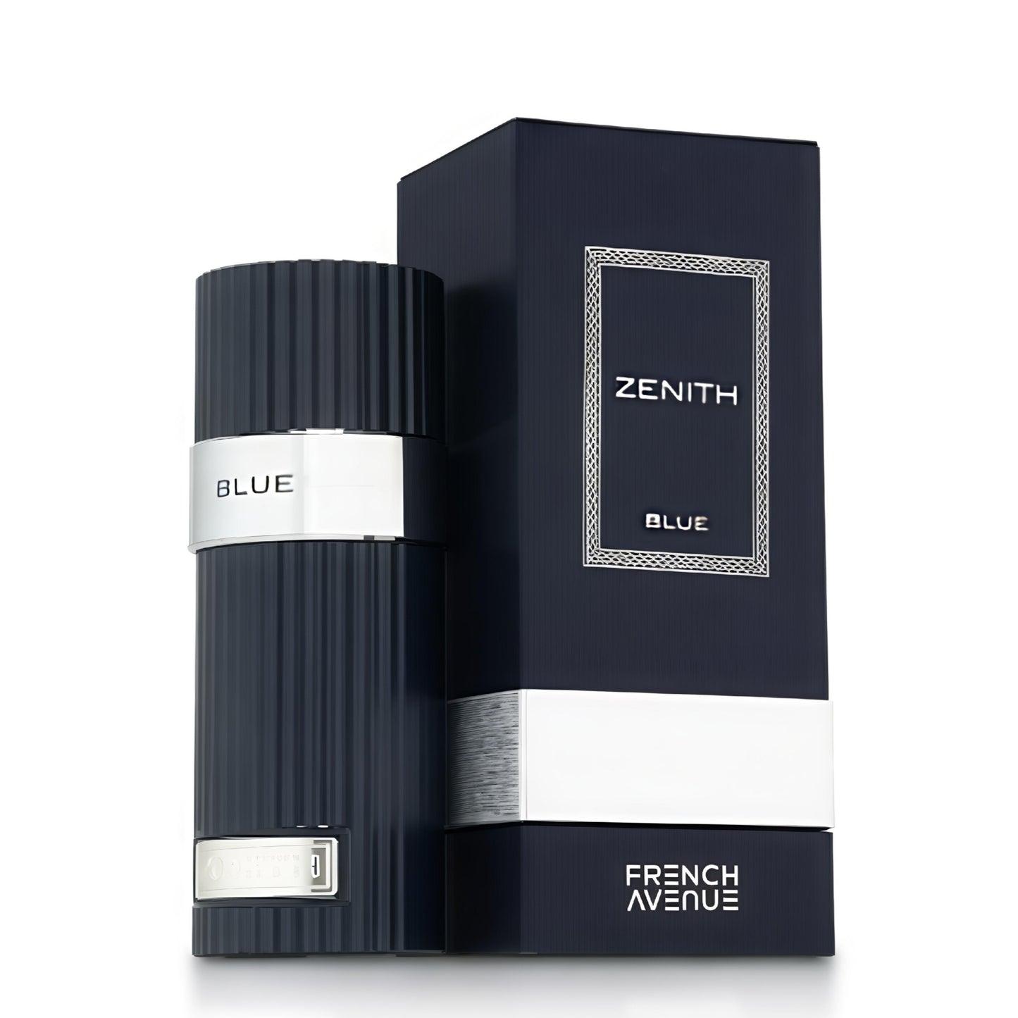 French Avenue Zenith Blue Eau de Parfum for men, 100ml bottle, featuring sleek blue glass with elegant branding.