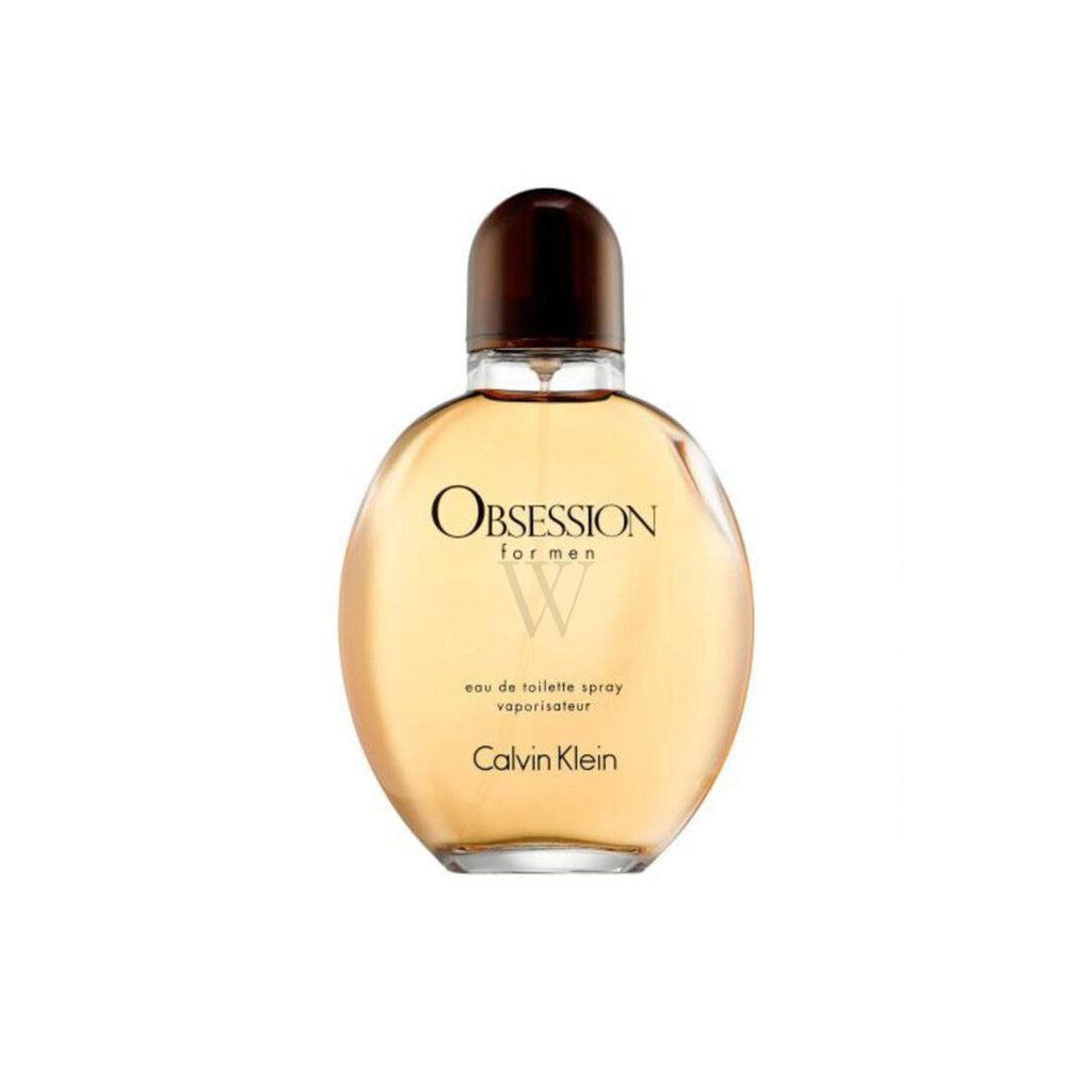 Calvin Klein Obsession For Men Eau De Toilette bottle with 125ml capacity, sleek glass design and black cap.