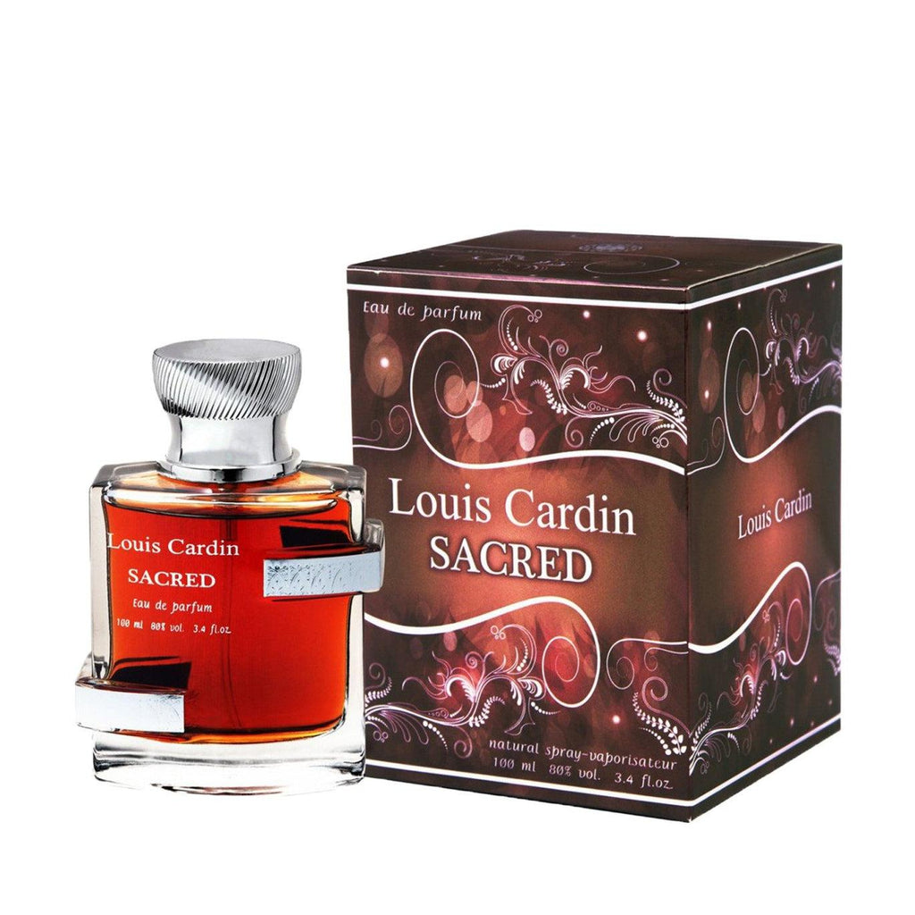 Louis Cardin Sacred Eau de Parfum bottle for men, sleek design, 100ml, with elegant fragrance display.