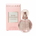 Miniature Bvlgari Rose Goldea Blossom Delight Eau De Parfum bottle with pink and gold floral packaging.