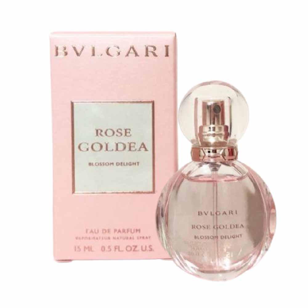 Miniature Bvlgari Rose Goldea Blossom Delight Eau De Parfum bottle with pink and gold floral packaging.