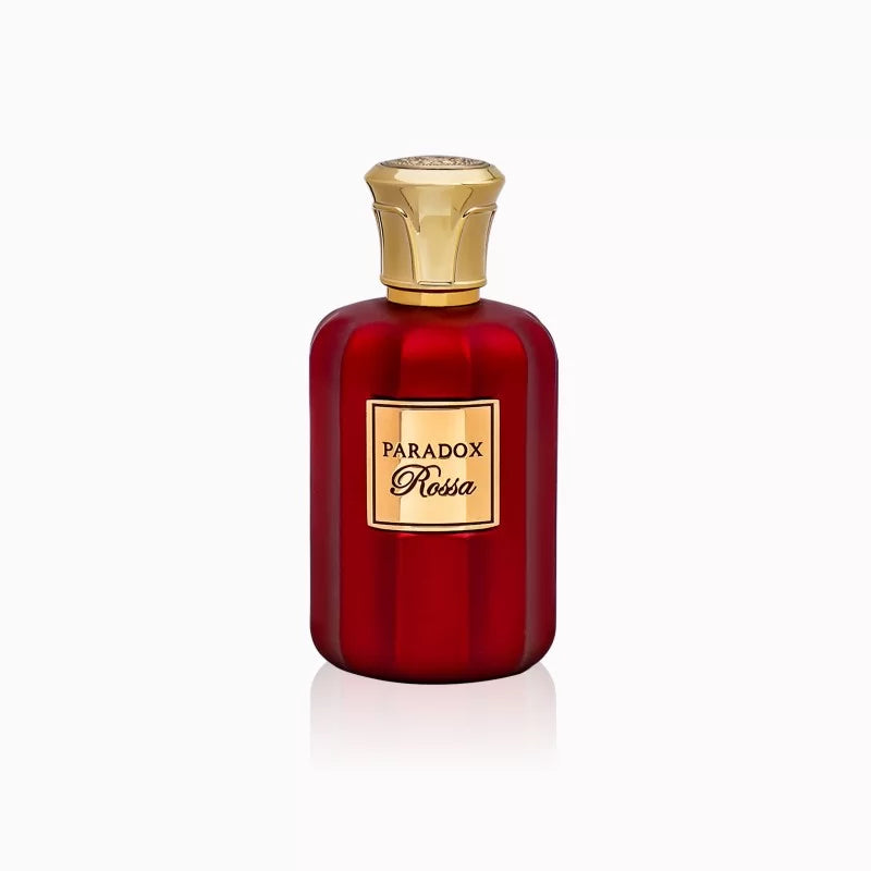 Fragrance World Paradox Rossa Eau de Parfum 100ml bottle for women with a sleek design and floral-woody scent.
