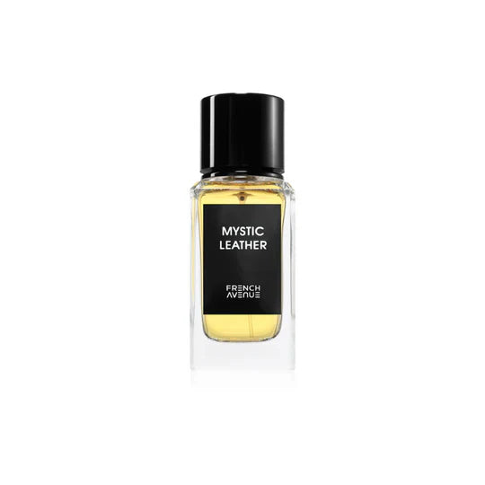 French Avenue Mystic Leather Eau de Parfum bottle for unisex, with elegant design and dark liquid fragrance visible in the image.