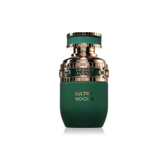 French Avenue Sultry Woods Eau de Parfum for Men bottle with sleek design and elegant label, showcasing the fragrance's sophisticated style.