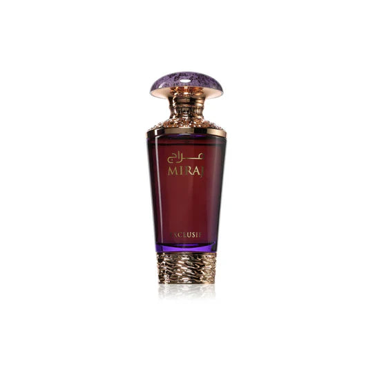 French Avenue Miraj Exclusif Eau de Parfum for Women featuring a sleek glass bottle with gold accents and floral design.