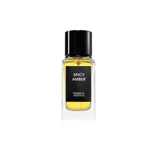 French Avenue Spicy Amber Eau de Parfum for Unisex, elegant glass bottle with amber-colored fragrance liquid.