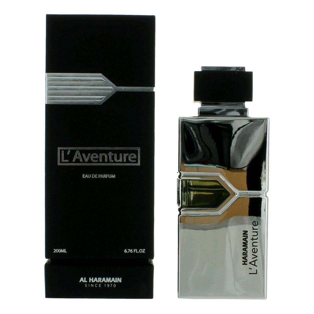 Al Haramain L'Aventure men's Eau de Parfum bottle with a sleek design, 200ml size, standing on a reflective surface.