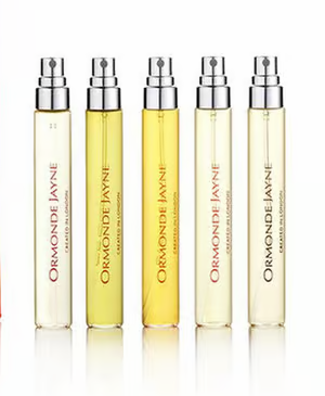 Ormonde Jayne Qi unisex parfum travel set with five 8ml bottles, featuring elegant packaging and a variety of fragrance options.