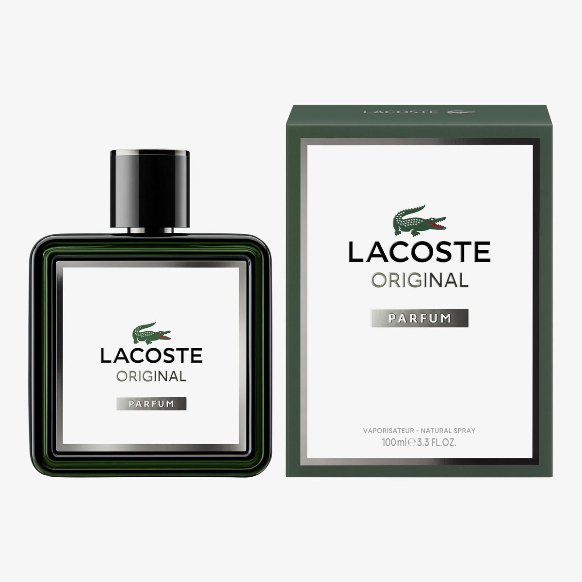 Lacoste Original Parfum 100ml for Men bottle with sleek design and Lacoste branding on a white background.