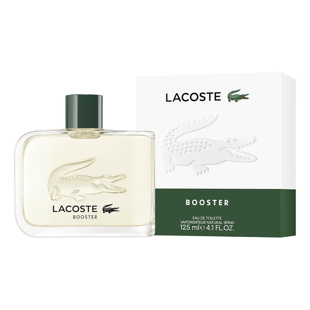 Lacoste Booster Eau de Toilette 125ml for men, featuring a sleek glass bottle with a green and silver cap, on a white background.