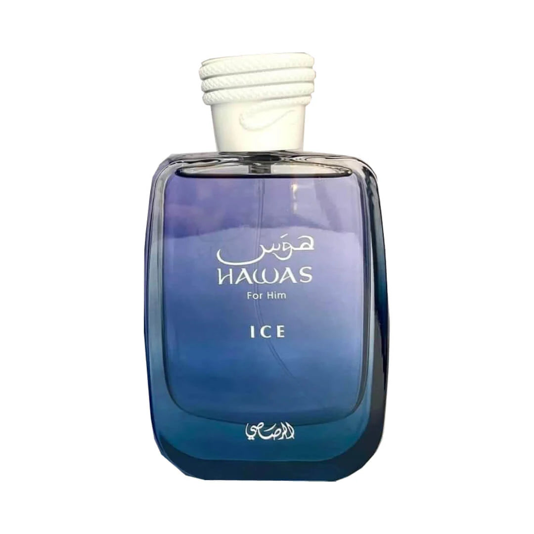 Rasasi Hawas Ice Eau De Parfum 100ml bottle for men, featuring sleek design and clear glass with blue accents.