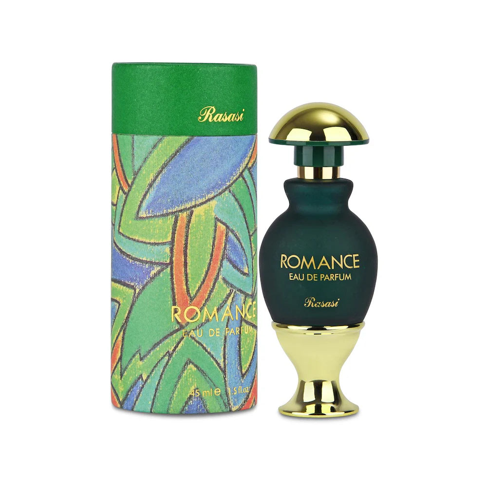 Rasasi Romance for Woman Eau De Parfum 45ml bottle with elegant floral design, showcasing a luxurious and long-lasting fragrance.