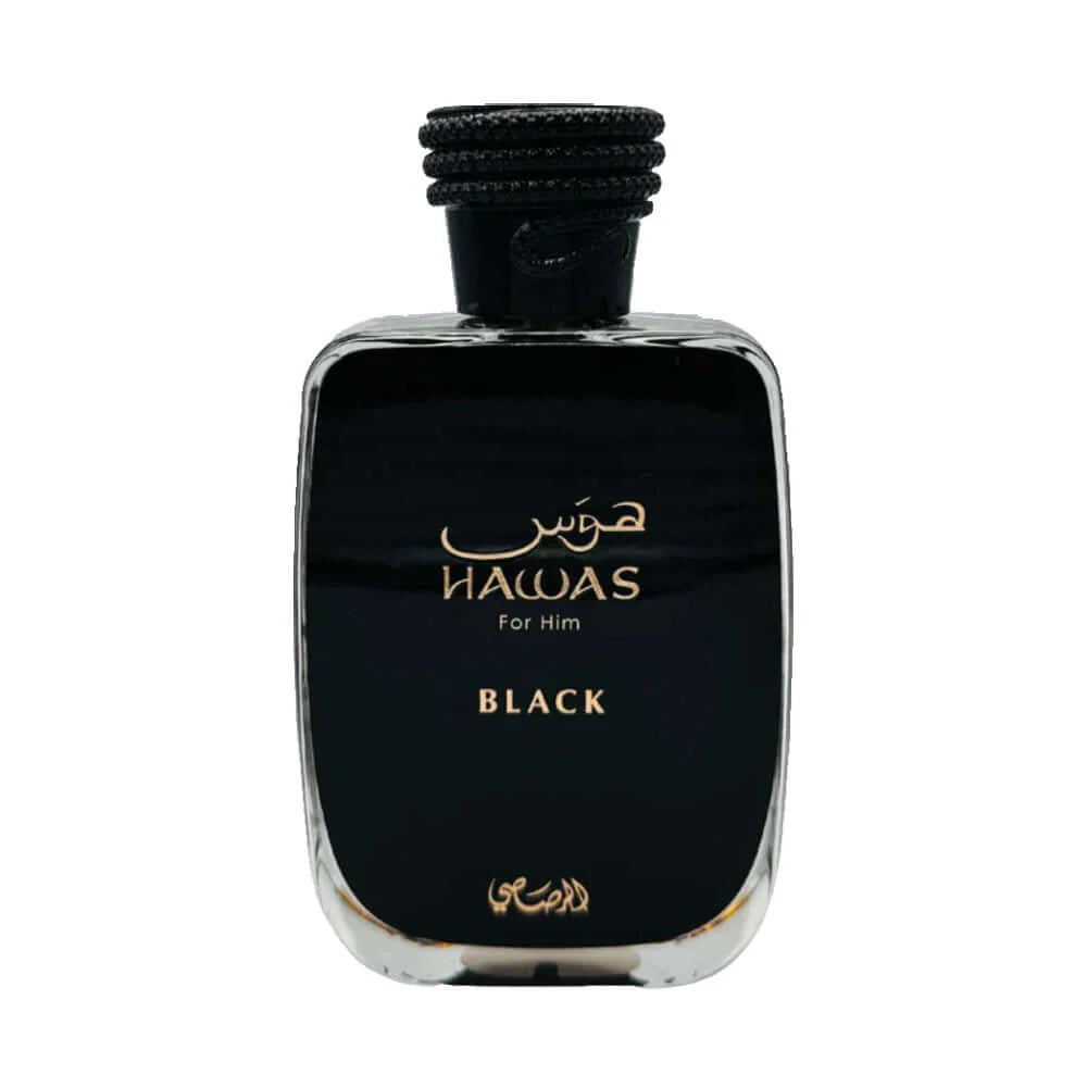 Rasasi Hawas Black Eau De Parfum 100ml for men bottle, dark glass with black and gold accents, elegant fragrance packaging.