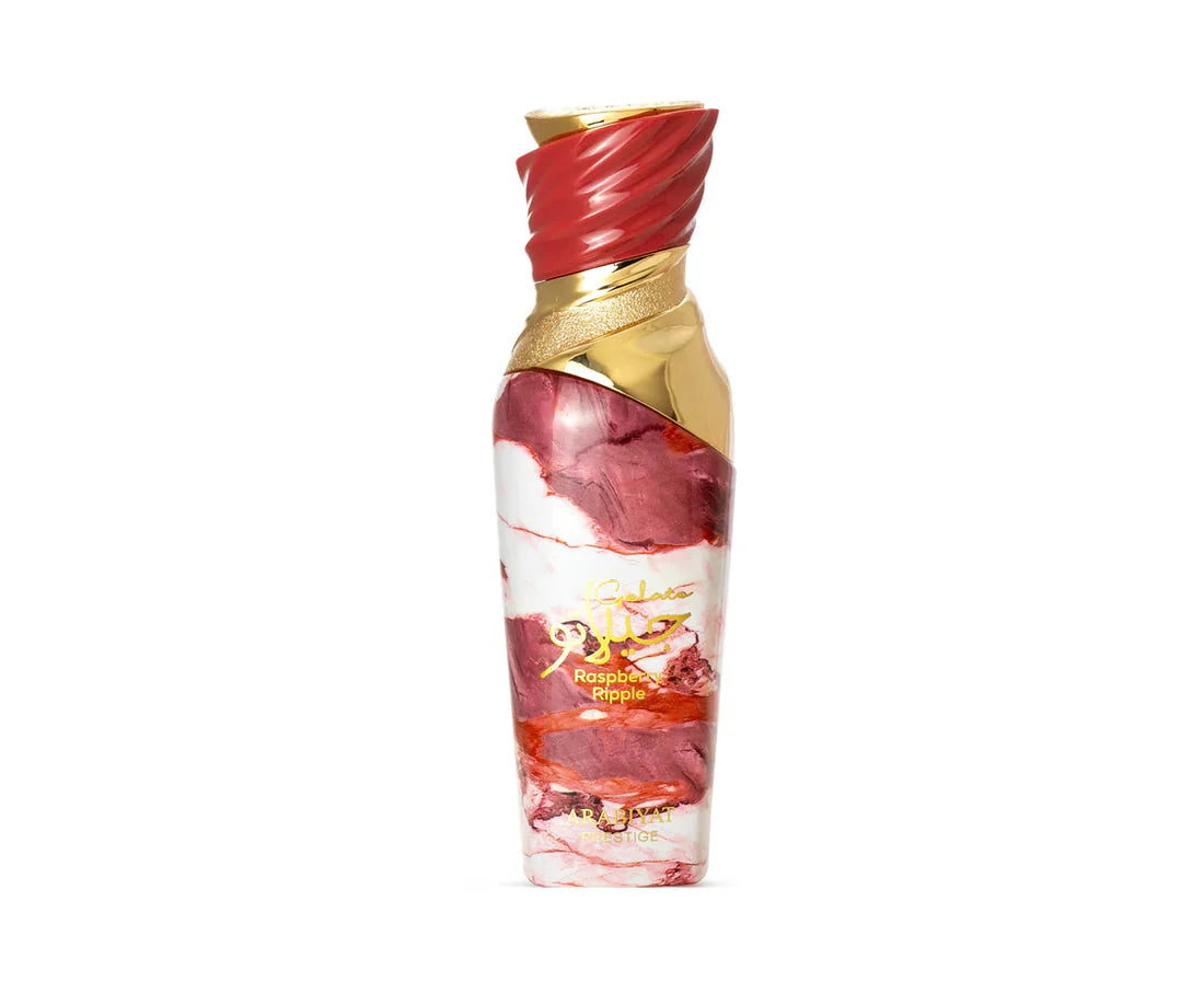 Arabiyat Prestige Gelato Raspberry Ripple Eau De Parfum 100ml bottle for women, featuring a sleek design with raspberry ripple detailing.