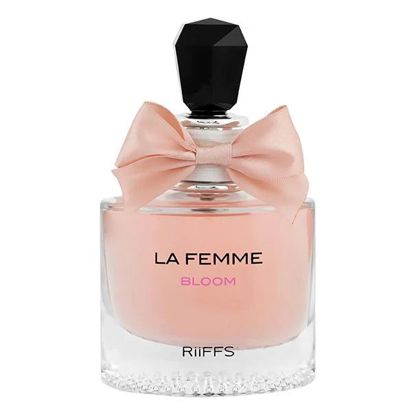 Riiffs La Femme Bloom Eau De Parfum for Women in 100ml bottle, elegant fabric packaging, floral fragrance.