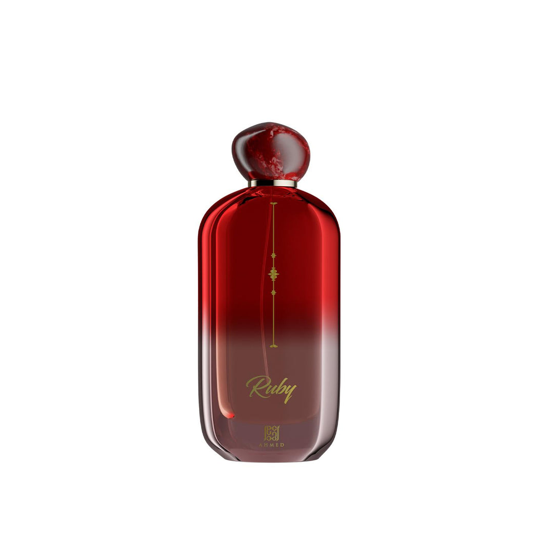 Ahmed Al Maghribi Ruby Eau de Parfum 100ml bottle with a deep red jewel-toned design for men and women.