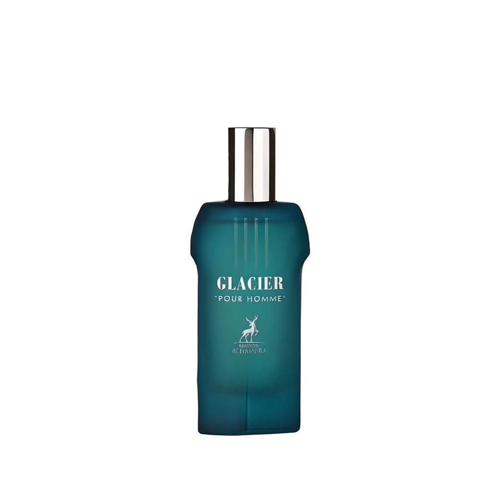 Maison Alhambra Glacier Pour Homme Eau De Parfum 100ml bottle with sleek design for men, featuring a frosted glass finish.