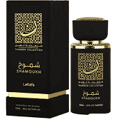 Lattafa Thameen Shamoukh Eau De Parfum 30ml for men and women, elegant fragrance bottle with gold accents.