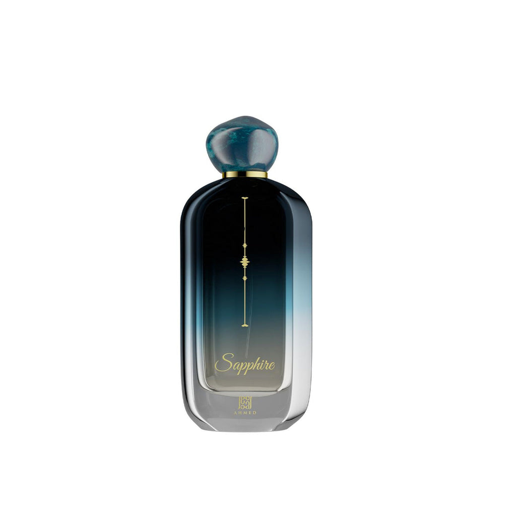 Ahmed Al Maghribi Sapphire Eau de Parfum 100ml bottle with elegant blue gemstone design for men and women.