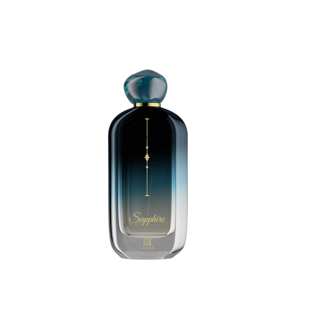 Ahmed Al Maghribi Sapphire Eau de Parfum 100ml bottle with elegant blue gemstone design for men and women.