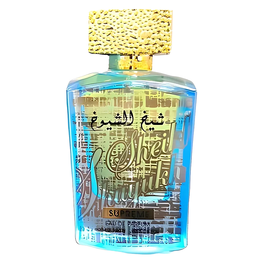 Lattafa Sheikh Al Shuyukh Supreme Eau De Parfum for men, 100ml bottle featuring elegant packaging and masculine fragrance notes.